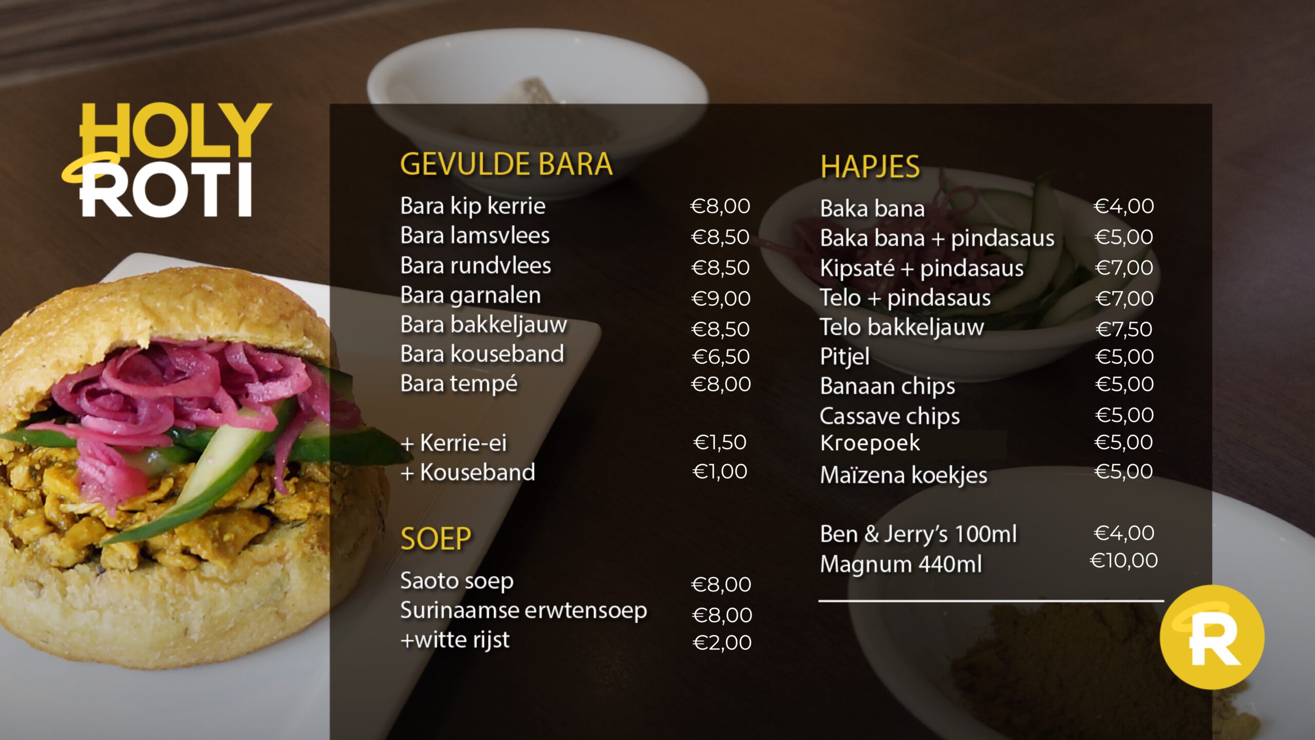Menukaart met bara, Surinaamse hapjes en soep van Holy Roti in Nijmegen