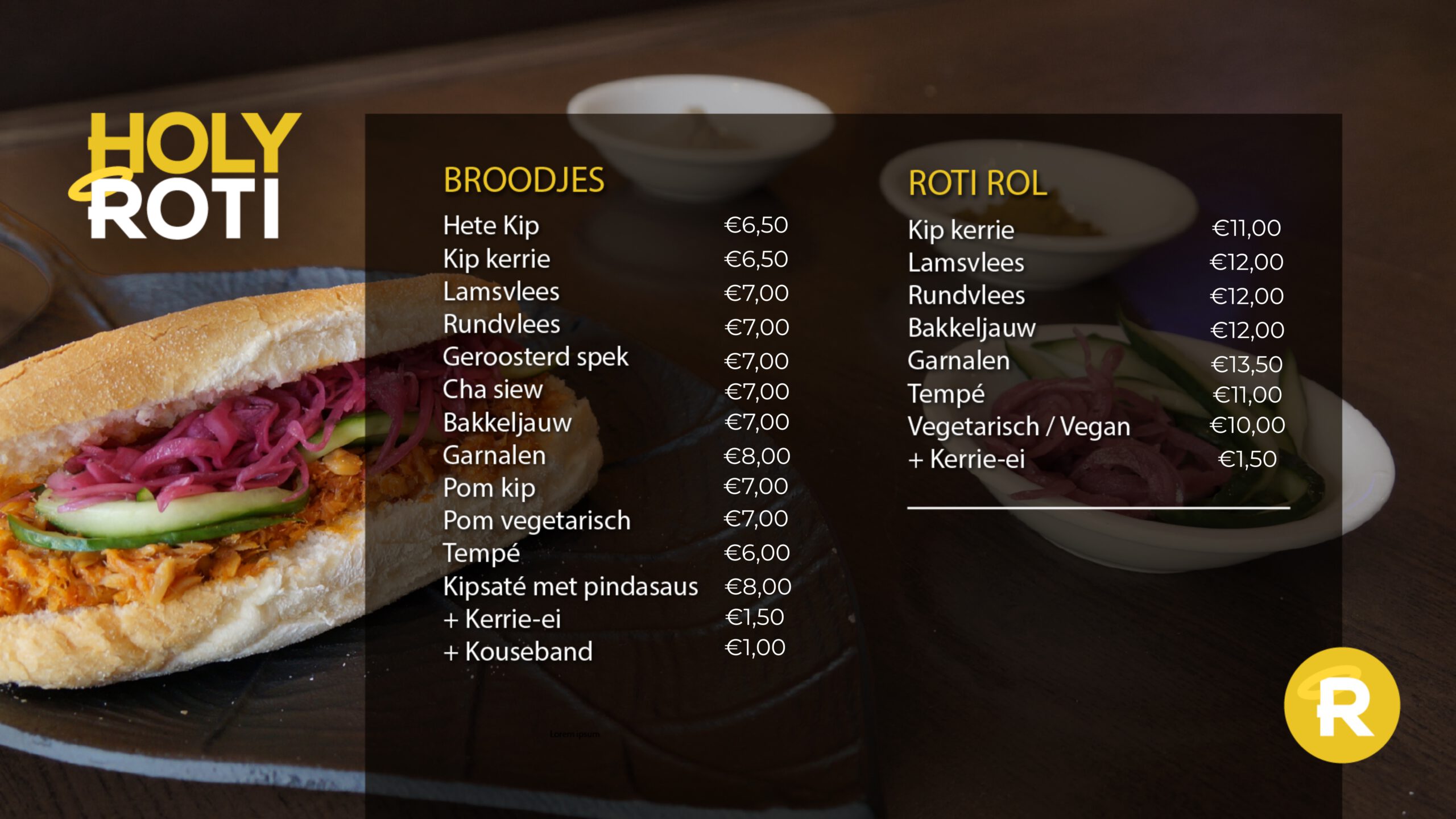 Menukaart met Surinaamse broodjes en roti rol van Holy Roti in Nijmegen