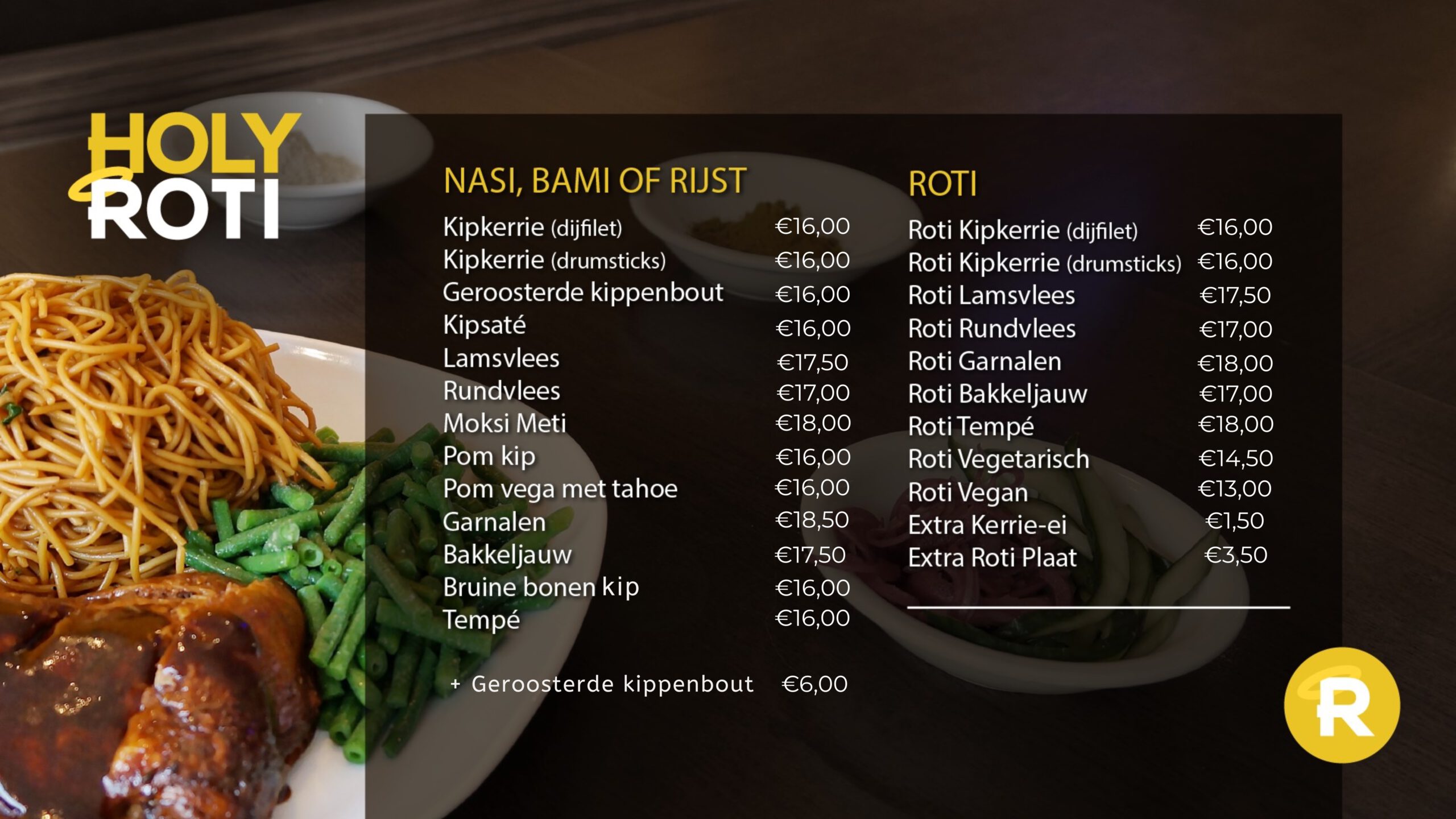 Menukaart met Surinaamse nasi, bami, rijst, broodjes en roti van Holy Roti in Nijmegen